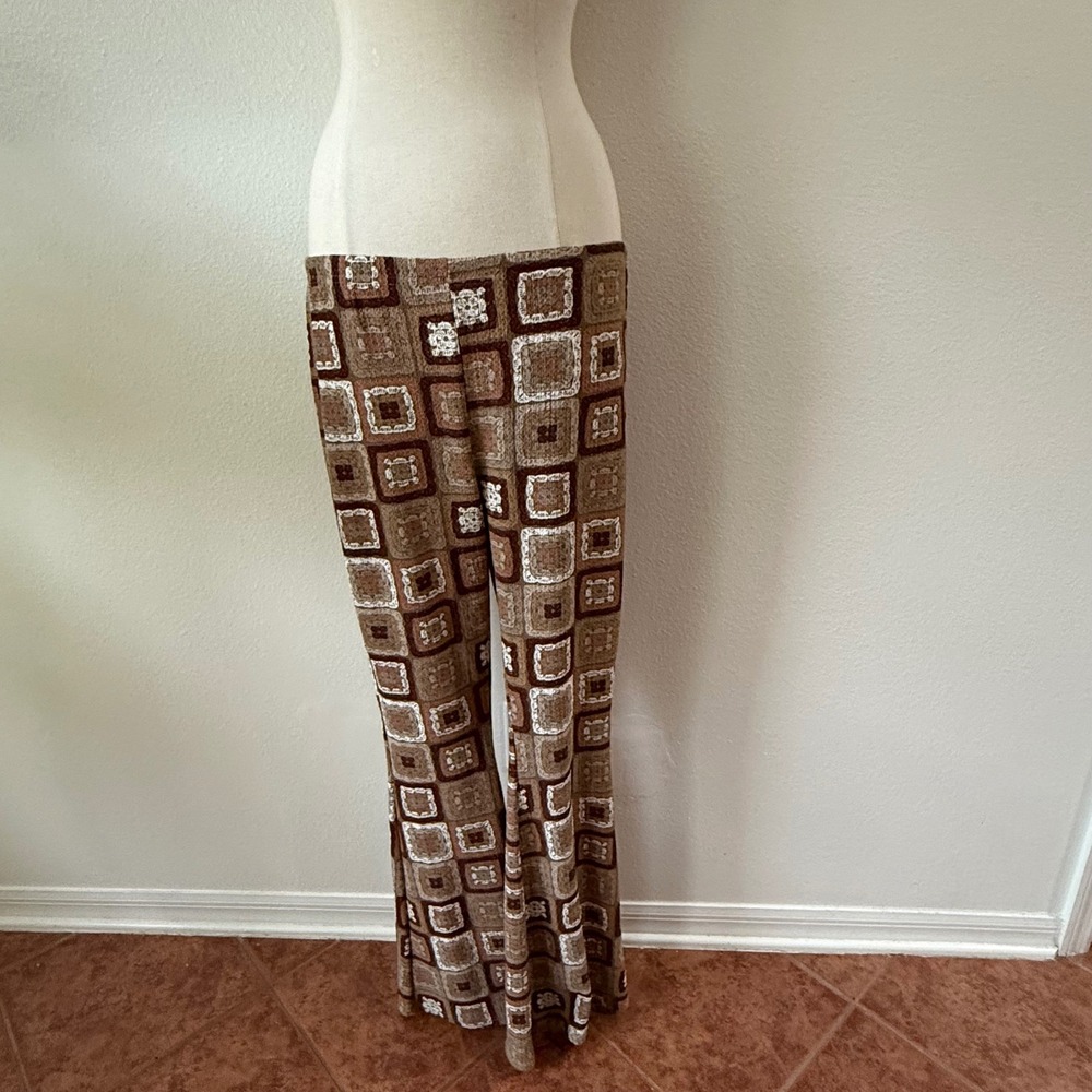 Boho Patchwork Mixed Media Print Indie Boho Granola Flare Pants Women L Brown